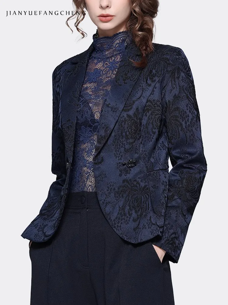 Elegant Suit Collar Women\' Dark Blue Jacquard Blazer Elegant Slim Short Female Autumn Winter Coat Jacket Office Ladies Tops