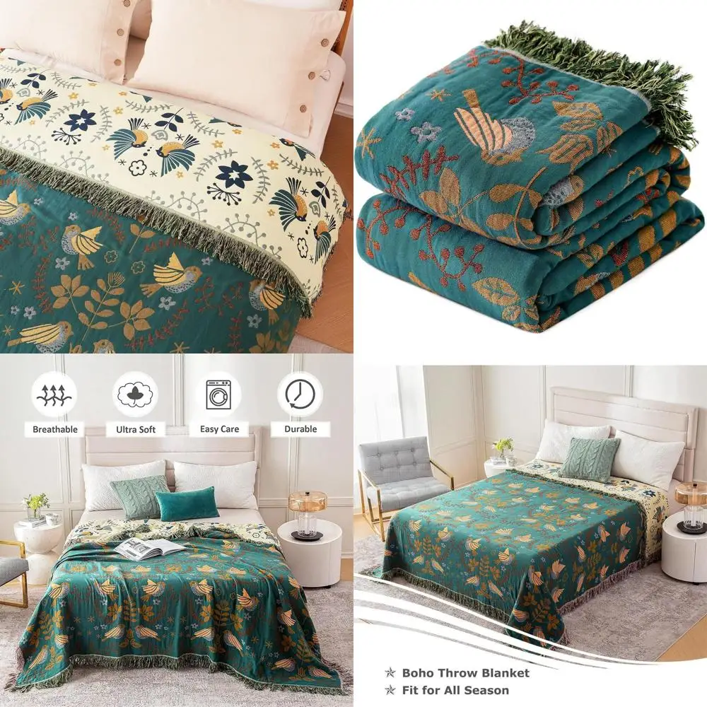 

Cotton Boho Queen Bedding Throw, Ultra Soft Quilt with Bird & Floral Embroidery, 90x90, All-Season Blanket for Bed or Couch