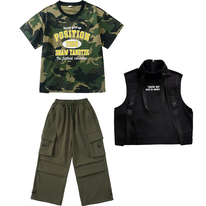 Abbigliamento Hip Hop per bambini Giacca senza maniche nera Gilet T-shirt mimetica Pantaloni cargo casual verde militare per abiti da ballo per ragazza ragazzo