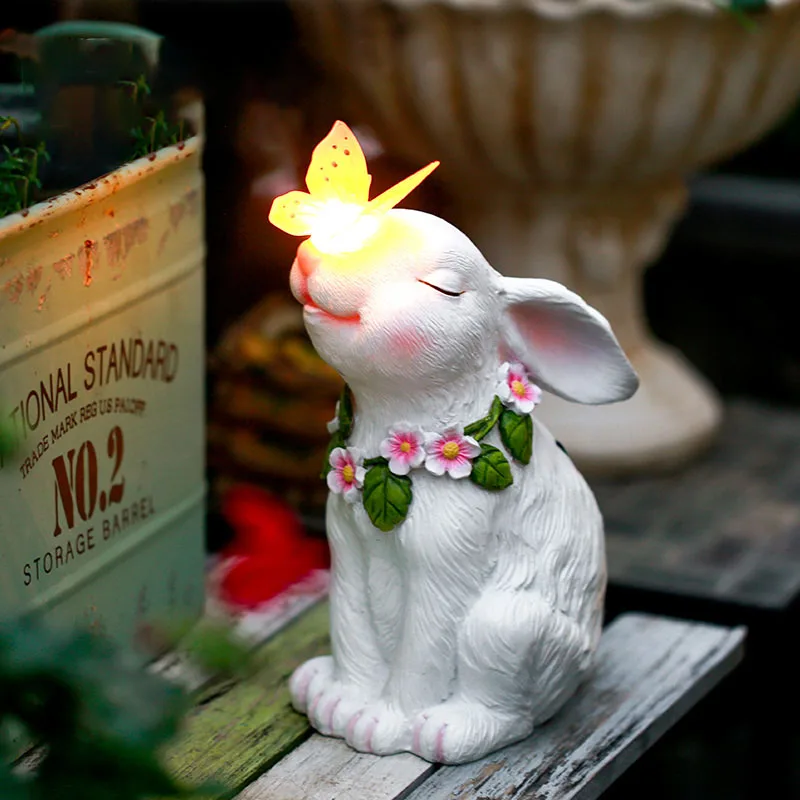 Cartoon Resin Rabbit Solar Sculpture Ornaments Outdoor Courtyard Micro Landscape Statues Crafts Garden Decoration Accessories