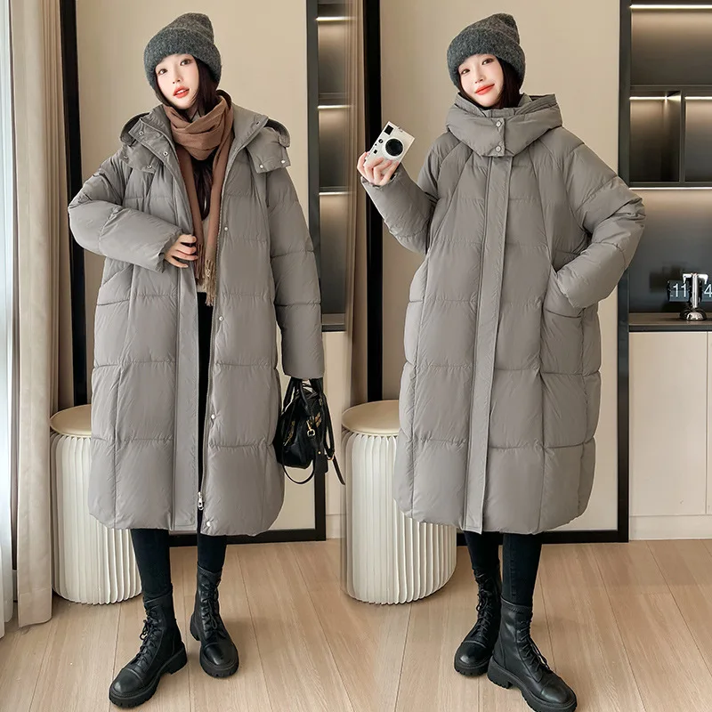 Long Parkas Coats Women Hooded Overcoat Solid Pocket Zipper Long Sleeve Loose Fit Thick Office Lady Casual 2025 Autumn Winter