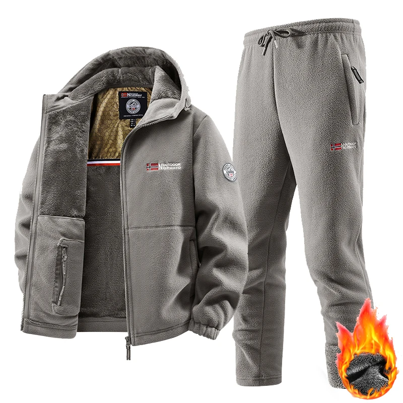 New Winter Sportswear Set Mens Retro Training Thick Fleece Hooded Jacket + Pants Two Piece Set Casual Ski Running Tracksuit Suit - view 3
