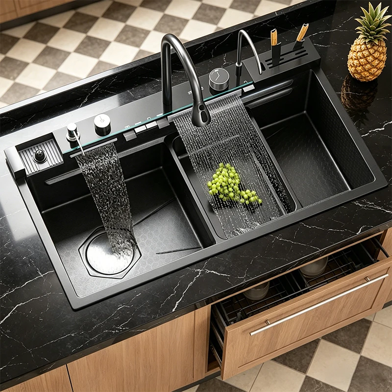 Intelligent Waterfall Stainless Steel Kitchen Sink Large Single Slot With Digital Display Faucet Household Wash Vegetables Bowl