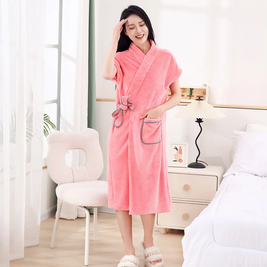 Solid Color V-Neck Long Bathrobes With Belt Homewear Short Sleeve Lady Nightwear Dressing Gowns Coral Fleece Flannel Robes