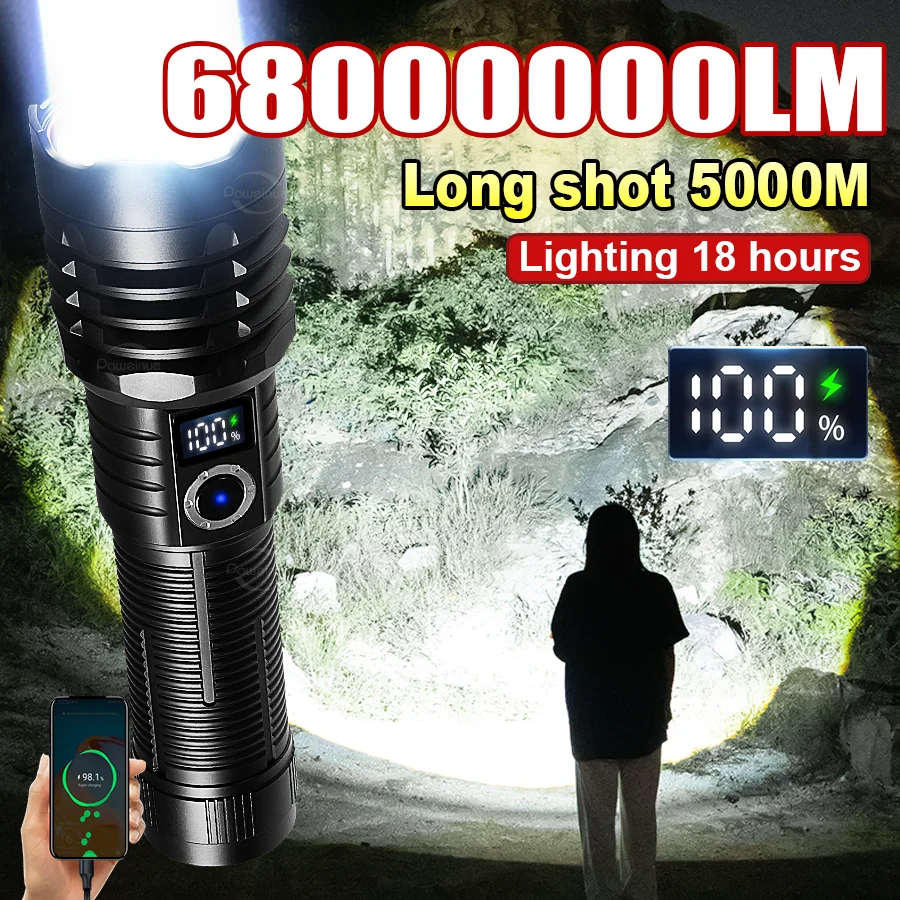 

Светодиодный фонарик высокой мощности 68000000LM с телескопическим зумом для кемпинга, походов, рыбалки, мощный перезаряжаемый светильник