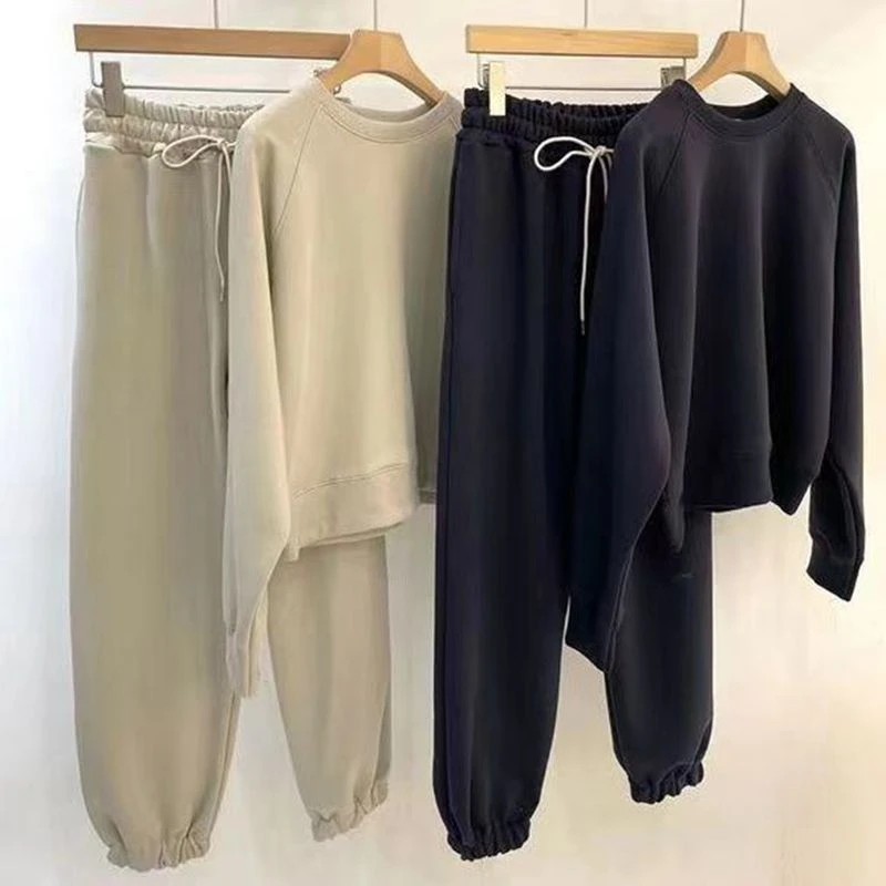 

Spring Autumn Small Size Ageless Slimming Pure Color Hoodie Pants Student Two Piece Set Women Apricot Color Casual Sportswear