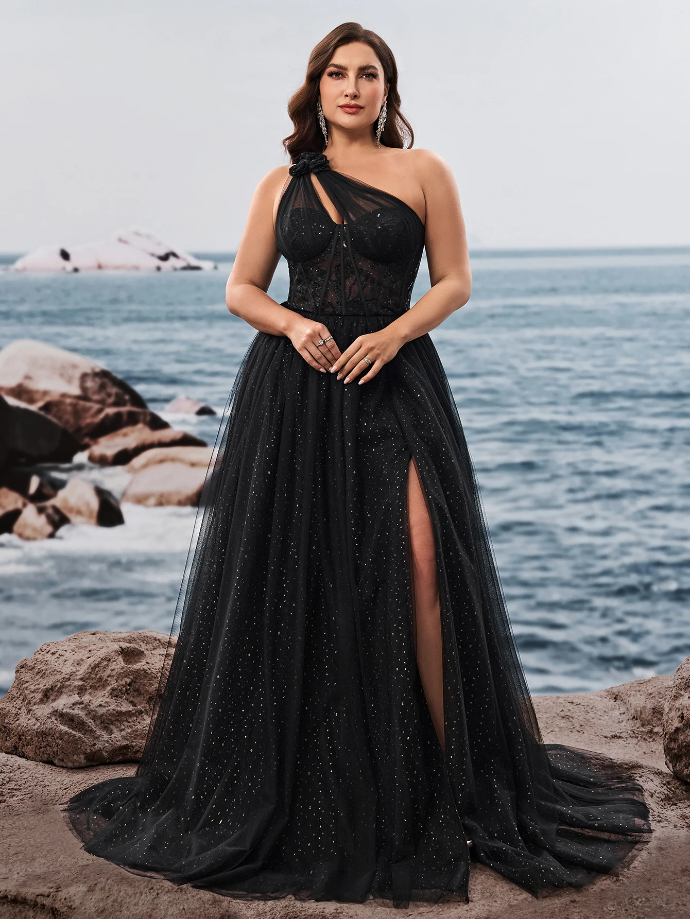 Plus Size Luxury Skew-shouldered Applique Cake Dress Luxury Slit Formal Evening Dresses Elegant Graduation Party Gown