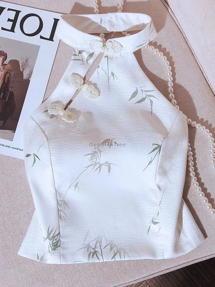 

2025 новый китайский улучшенный стиль, короткий жилет без рукавов Cheongsam, топ для женщин, летняя мода, топ с лямкой на шее в стиле ретро с принтом