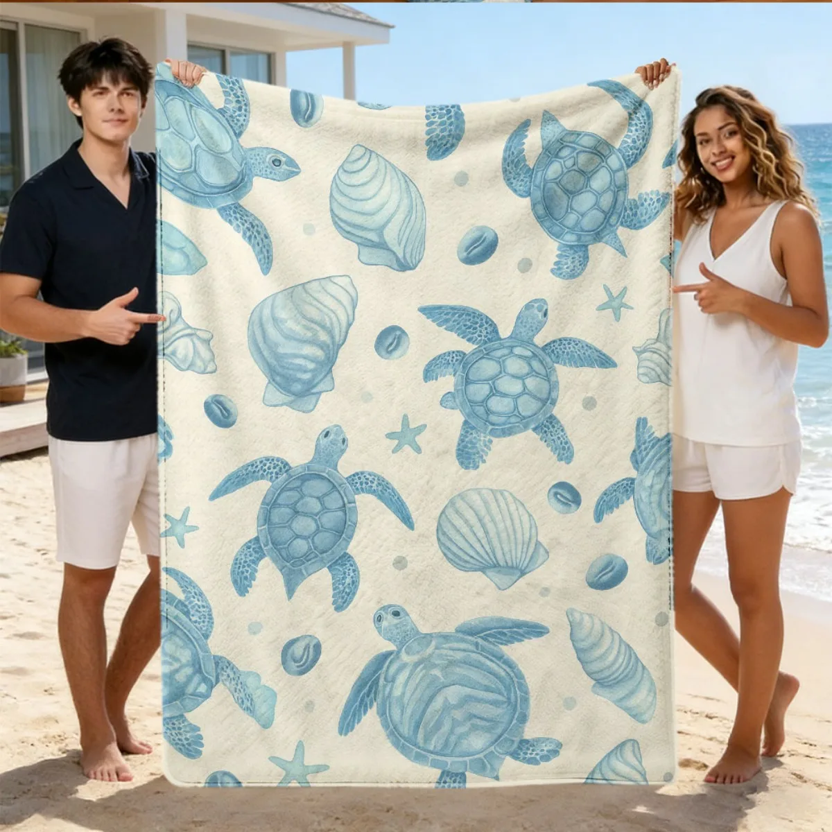 Cute Ocean Theme Turtle Beach Blanket Throw for Nursery Decor Baby Kids Coastal Bedspread Soft Plush Gift