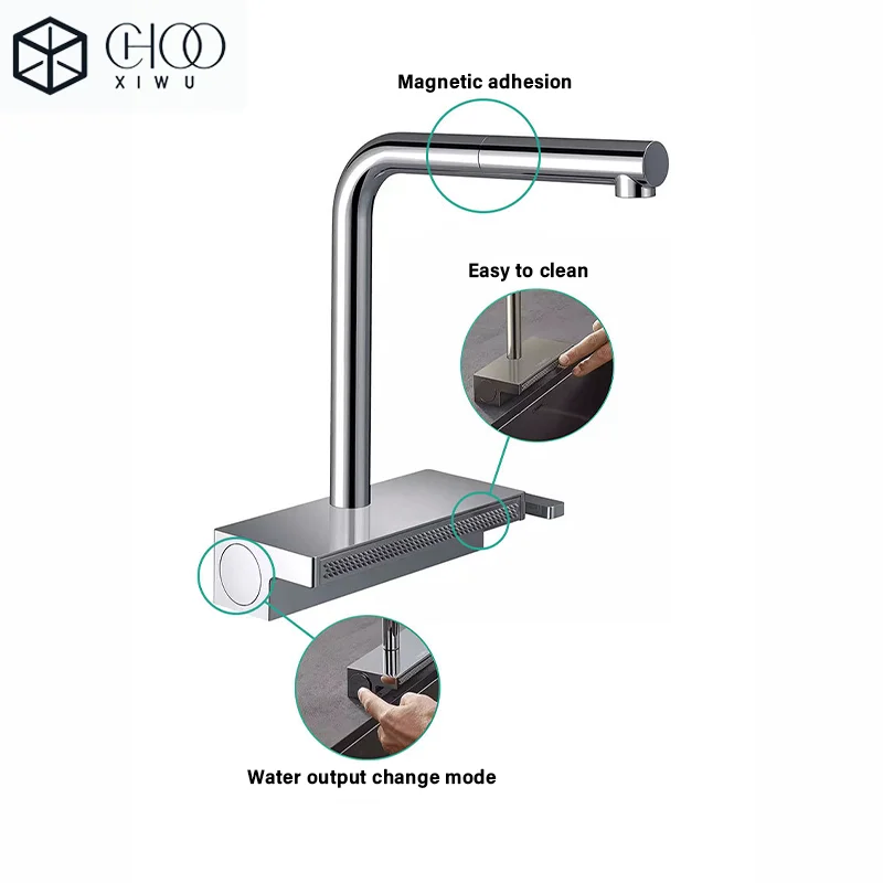 

New Black Brass Waterfall Faucet Hot And Cold Water Kitchen Faucet Single Handle Switch Pull Out 360 Degree Kitchen Mixer Tap