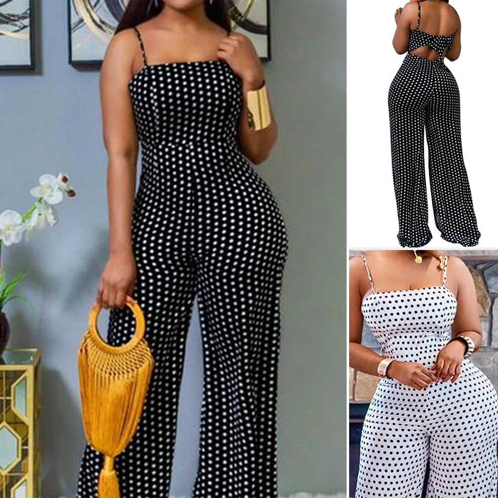 

Women's Vacation Jumpsuit 2025 Autumn Polka Dot Print Sleeveless Square Neck Wide-Leg Palazzo Pant Full-Length