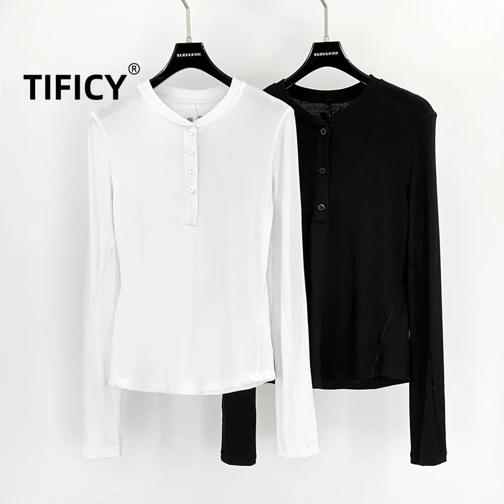 TIFICY High Street  Women's Buckle Basic Solid Color Base Top Regular Black and White Cotton Long Sleeved Knitted T-shirt Tops