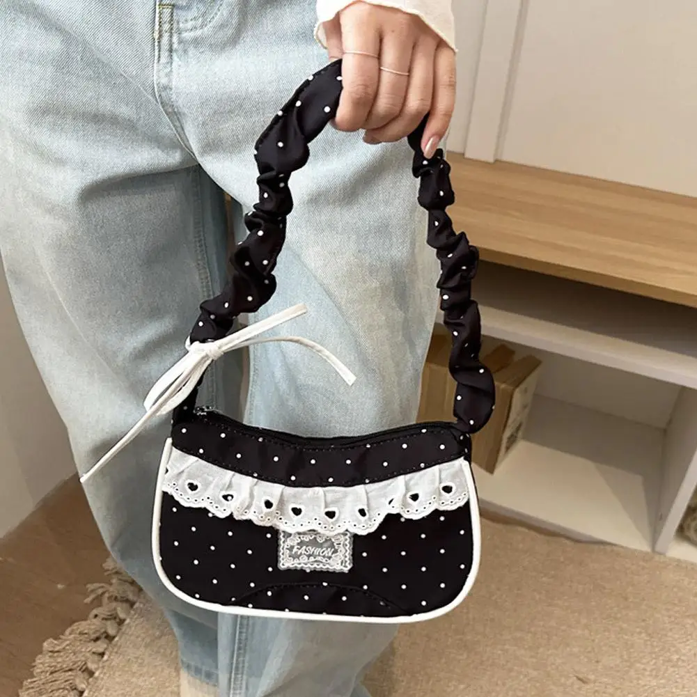 Lace Polka Dot Shoulder Bag Stretchable Strap Large Capacity Pleated Underarm Bag Polyester Multi-Color French Stick Handbag