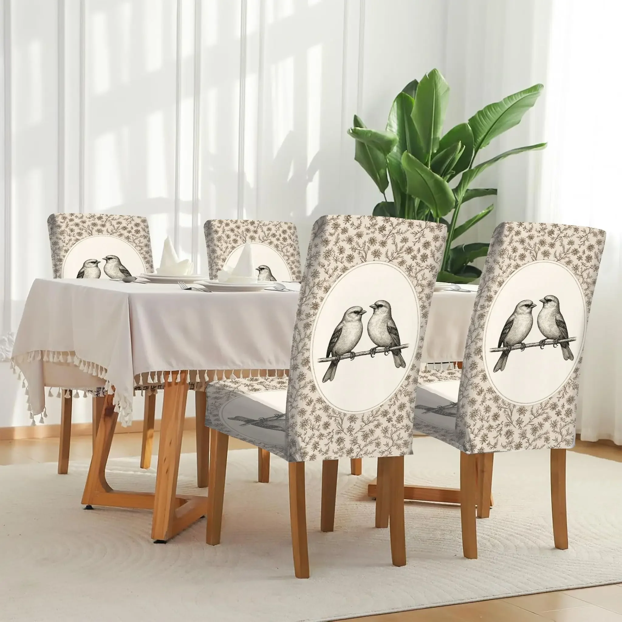 Elastic dining chair cover retro flower, wood, bird and beast illustration pattern removable, washable, home dining chair cover