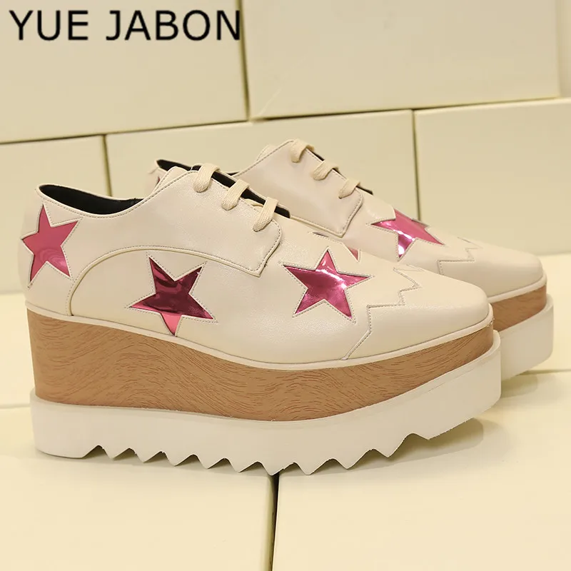 

Wedges Square Toe Women Casual Shoes 7cm Thick Heel Lace Up Platform Women Shoes breathable Stars Female Shoes 35-41