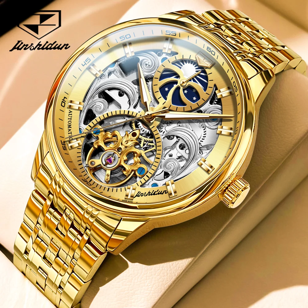 

JSDUN 8922 Stainless Steel Men's Watches 3D Skeleton Hollow Flywheel Automatic Mechanical Wrist Watch for Men Luxury Moonswatch