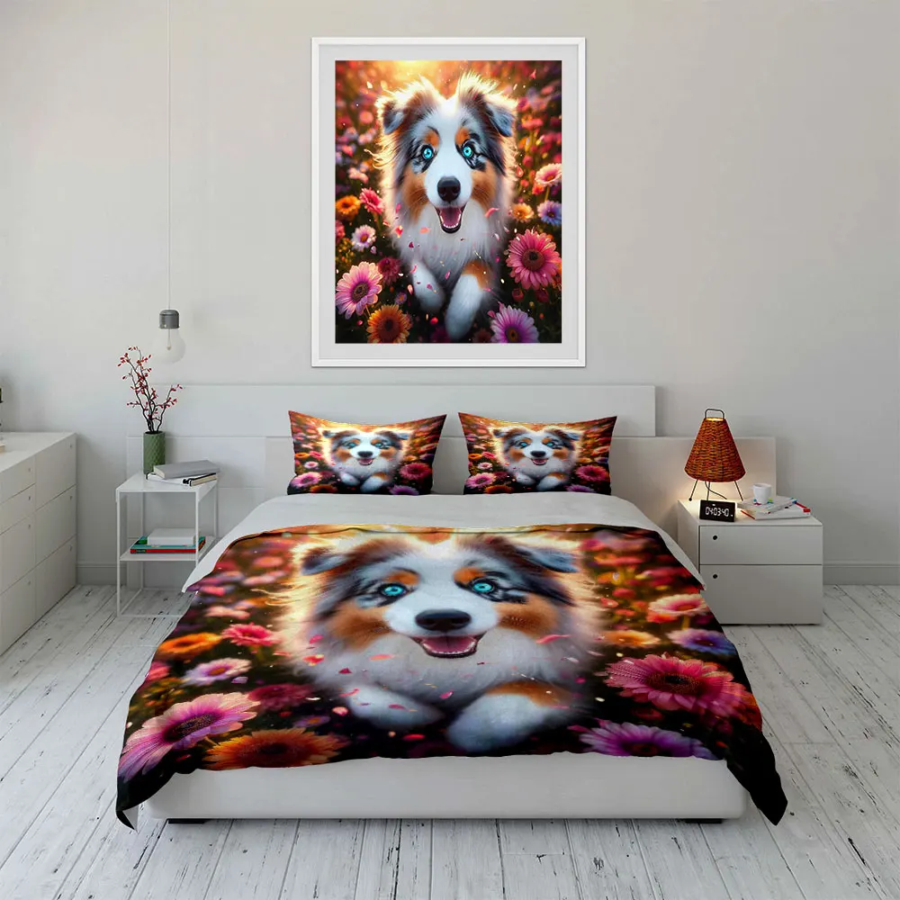 3pcs Sheepdog frolicking in flowers Duvet Cover Set with 3D Printing Design Soft Polyester Bedding Set All-Season Comfort