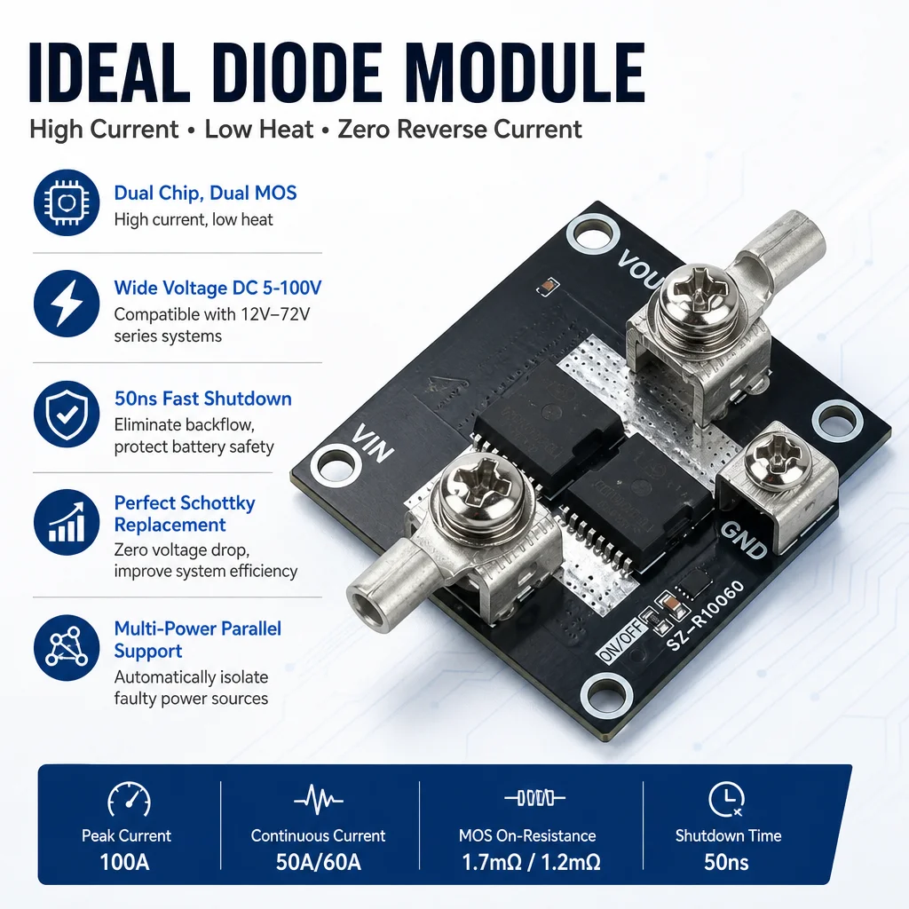 100A Ideal Diode Module Solar Anti-Backflow DC 5-100V Wide Voltage Dual MOS for Battery Reverse Protection EV Solar Panel