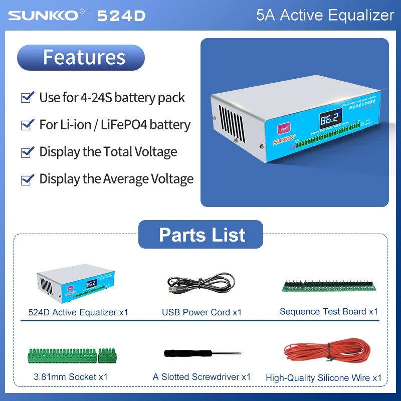 SUNKKO 524D 5A Penyeimbang Baterai Profesional untuk Paket Lithium dengan Indikator Status LED