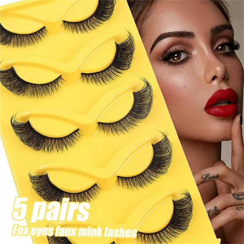 رموش صناعية على شكل عين القطة من Fox - طقم مكون من 5 أزواج على الطراز الأوروبي والأمريكي وذيل سميك وكثيف لمكياج العيون