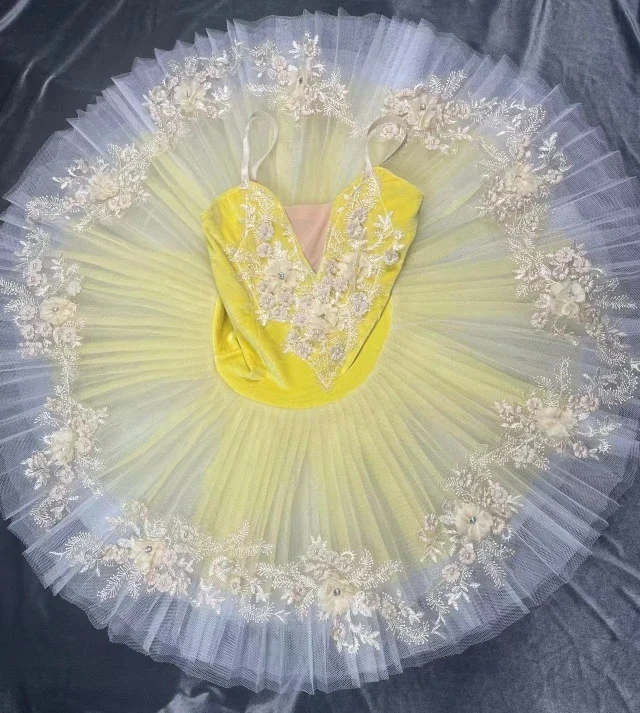プロの子供バレエドレス黄色の花皿女性チュチュ白鳥の湖ダンスパフォーマンス衣装バレリーナパーティードレス