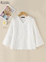 ZANZEA Fashion Women Floral Embroidery Blouse Autumn Elegant V Neck Flare Sleeve Shirt Casual Solid Holiday Top Solid Work Blusa