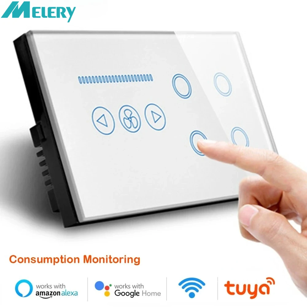 Melery Wifi Smart Tuya Light Switch Fan Speed Control Glass Touch Panel Power Monitor Interruptor Remote By Alexa Google Home
