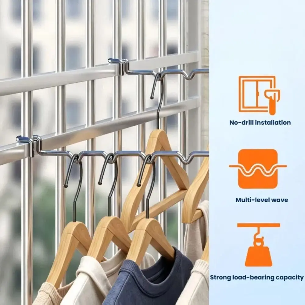 Stainless Steel Balcony Clothes Hanger Wave Shaped Multiple Hanging Slots Window Hanging Rack No Drill Hook Mount