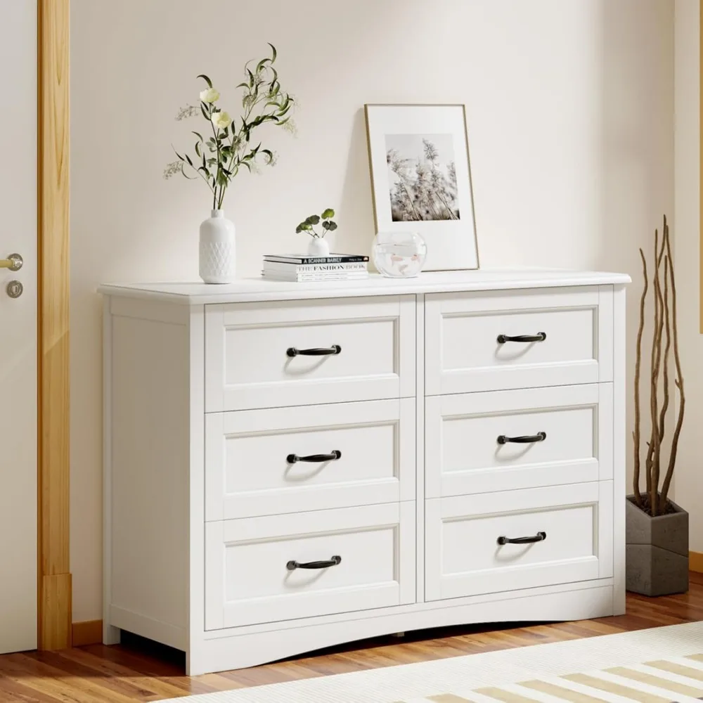 Commode à 6 tiroirs pour chambre à coucher, commode plus grande de 47 pouces avec poignée mentale pour chambre d'enfants, commode blanche avec 6 tiroirs de rangement