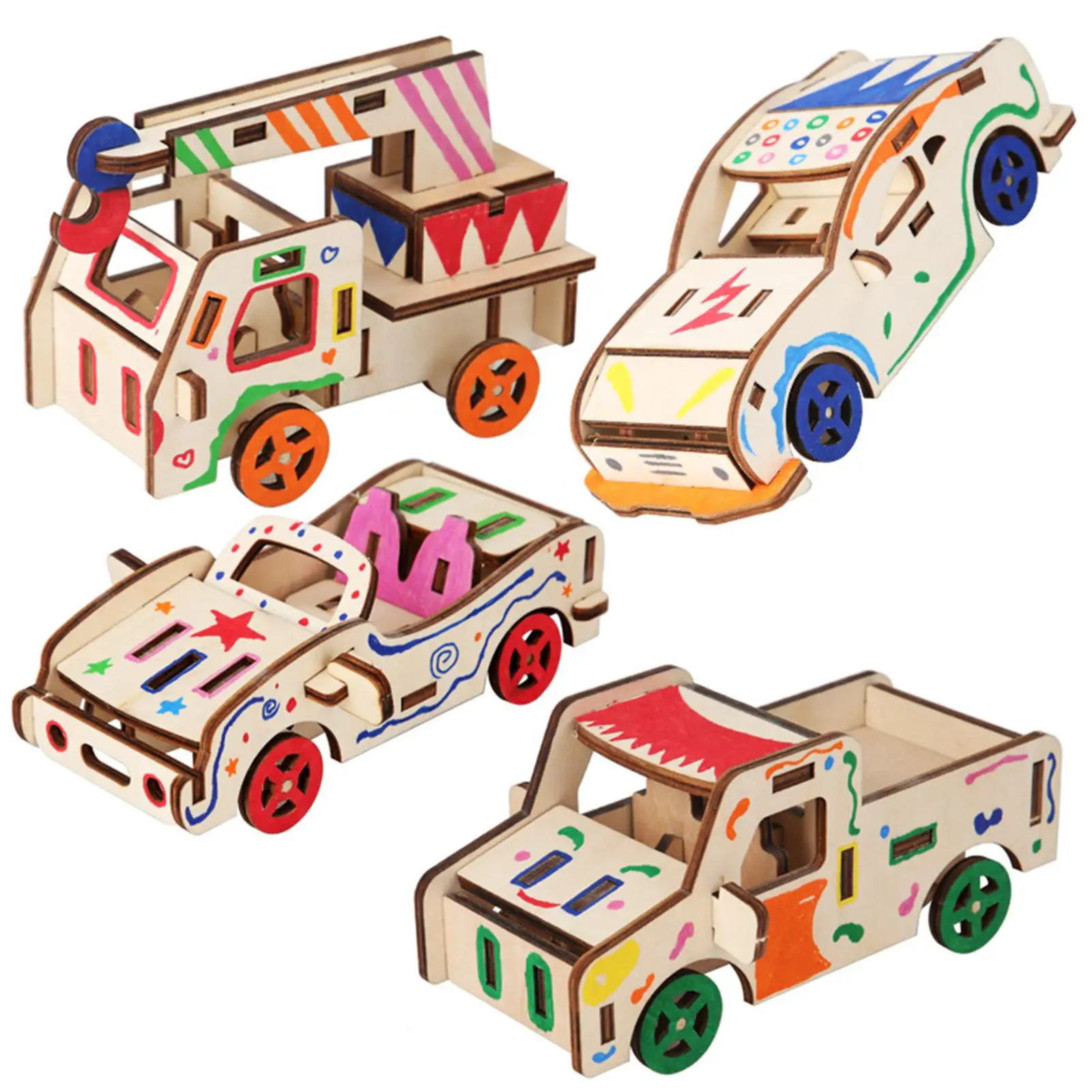 3D Wooden Puzzles Wooden DIY Toys Car Model DIY Kit Unique 4 Set for Festival Adults