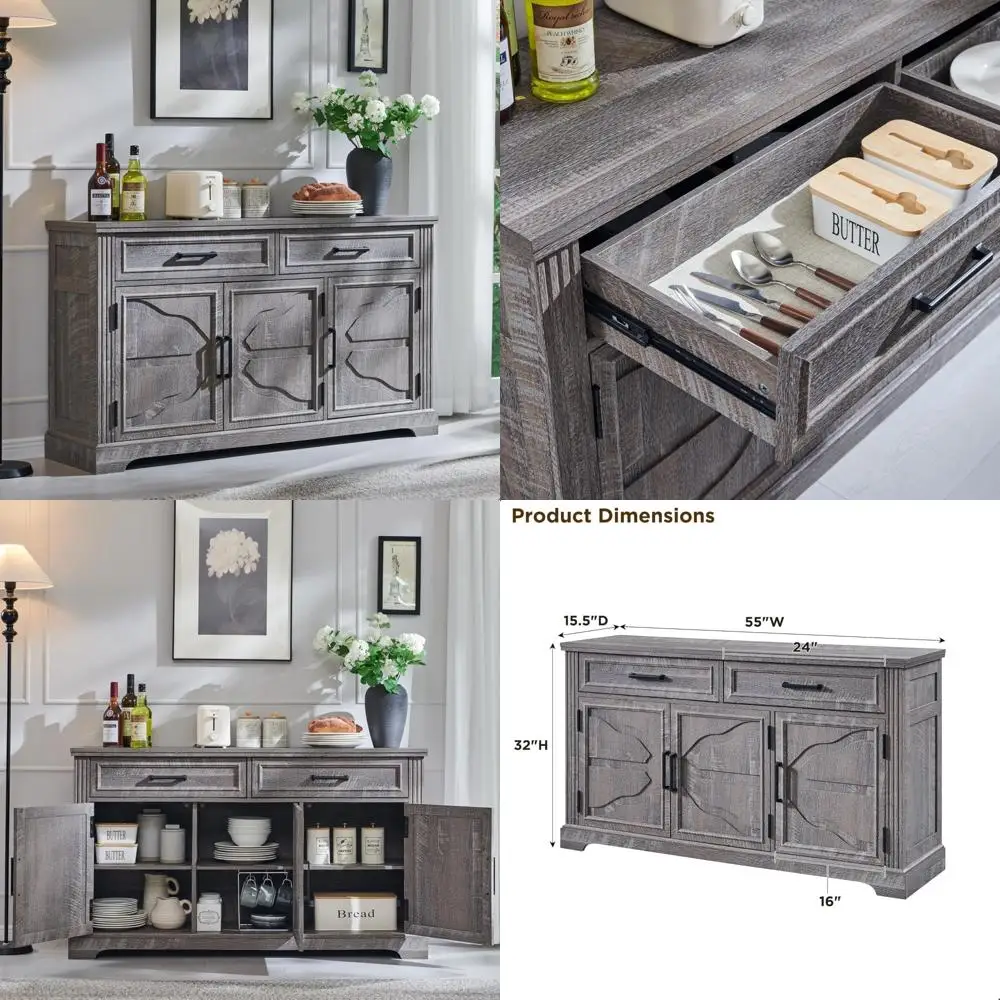 خزانة بوفيه جانبية كبيرة مع 3 أبواب ودرجين، مثالية لتخزين غرفة الطعام وبار القهوة وبار النبيذ في أمريكا