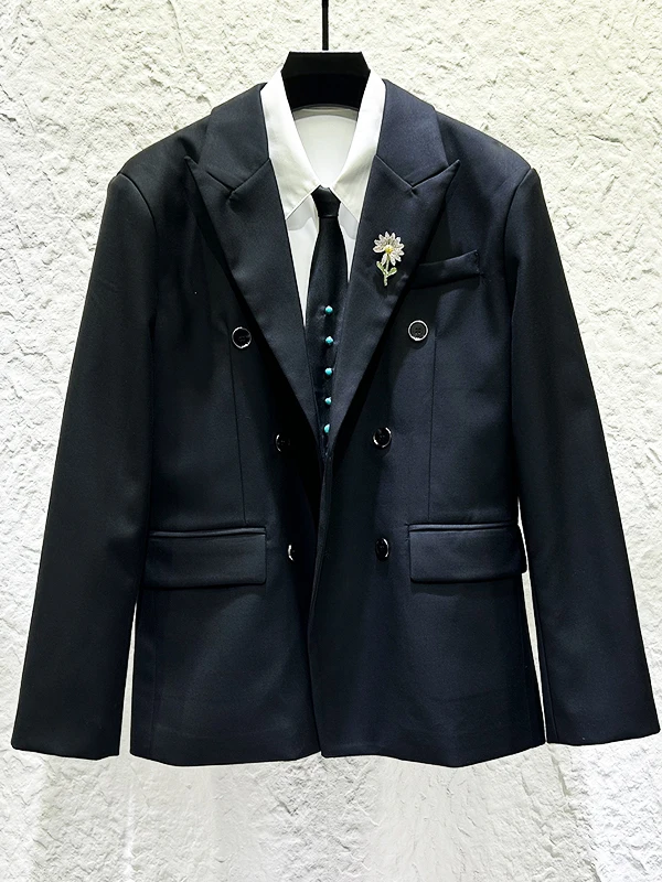 

Ele Bla Double-Breasted Men's Casual Suit Jaet Loose Fit Faionable Daisy Brooch Decoration Spring Season Wear