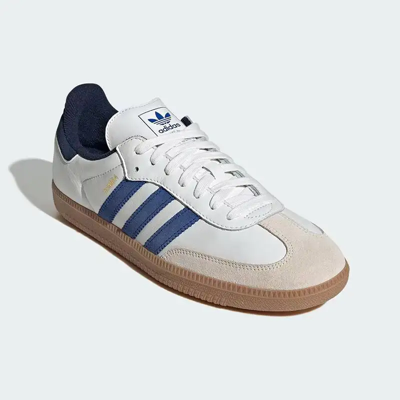 Adidas JH5632 Unisex Classic Samba Trainers White Navy Three Stripes Leather Suede Gum Sole Retro Daily Walking Skate Sneakers F