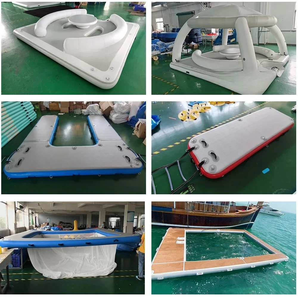 منصة خشب الساج القابلة للنفخ بغرز متدلية على شكل قارب جزيرة عائمة يحافظ على طوف رصيف عائم مع سلم لليخوت