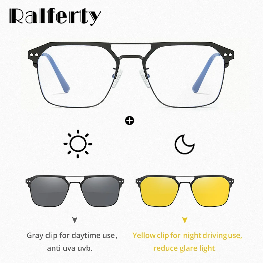 Ralferty 3 In 1 Clip On Sunglasses Men Polarized Magnet Sun Glasses Male Shades Night Vision Eyepiece Square Eyeglasses Frame