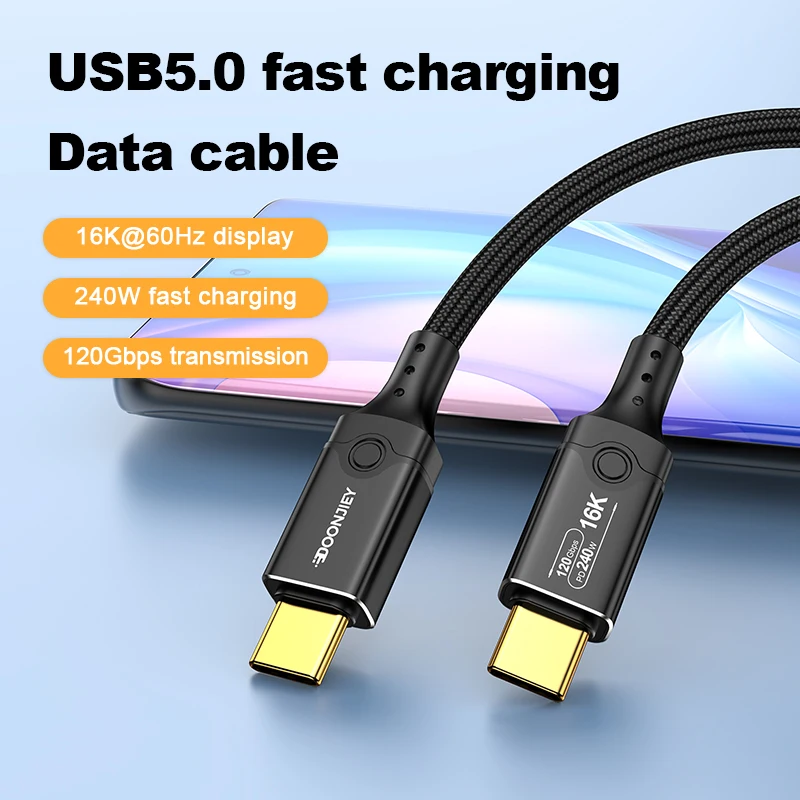 DOONJIEY USB5 Full Function Cable 120Gbps Data Sync 240W Fast Charging Cord 16K/8K Compatible Thunderbolt 5 4 For Laptop Table