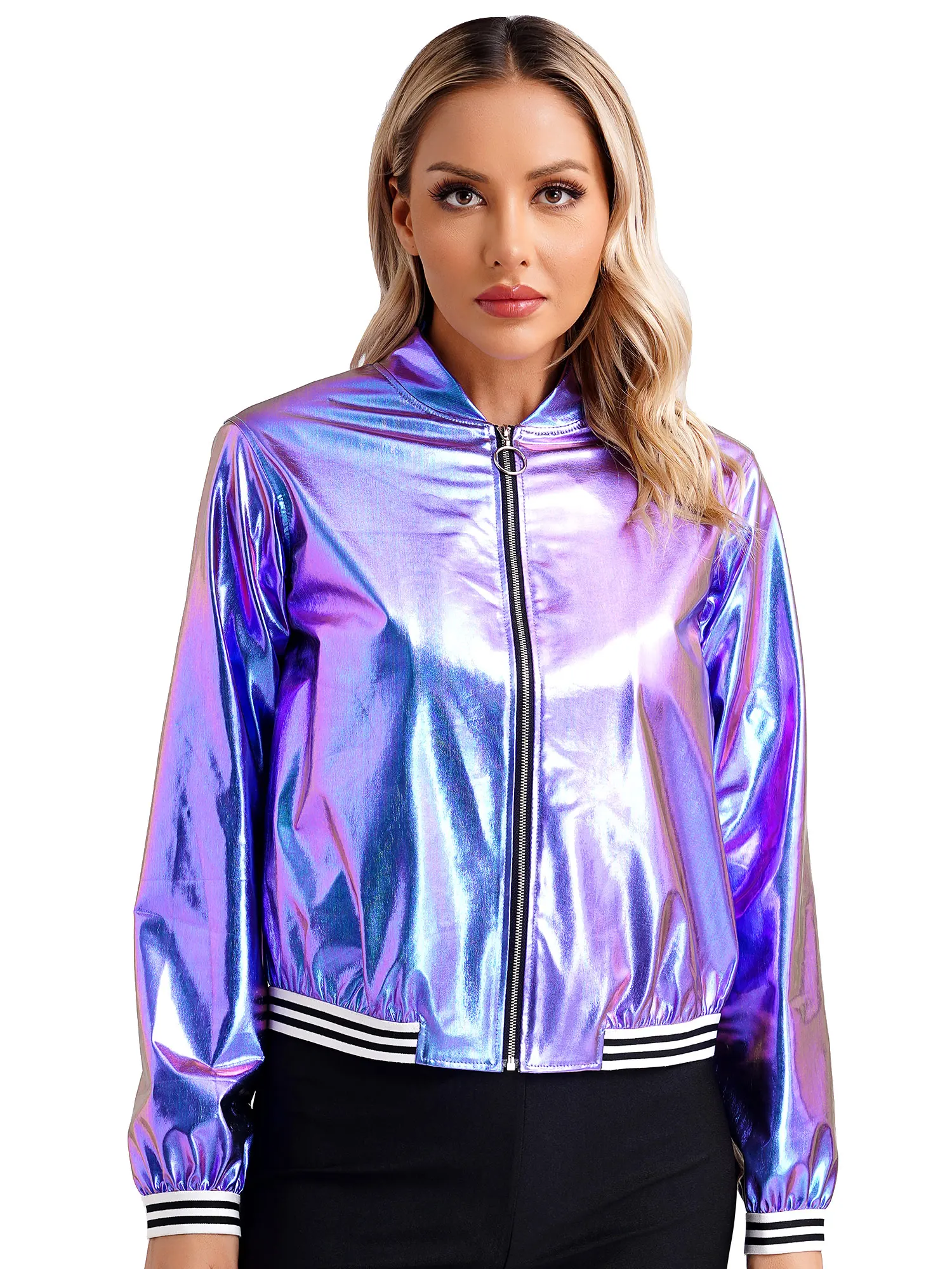 

2023 Womens Holographic Metallic Shiny Bomber Jacket Casual Long Sleeve Front Zipper Striped Band Outerwear Baseball Jacket Coat