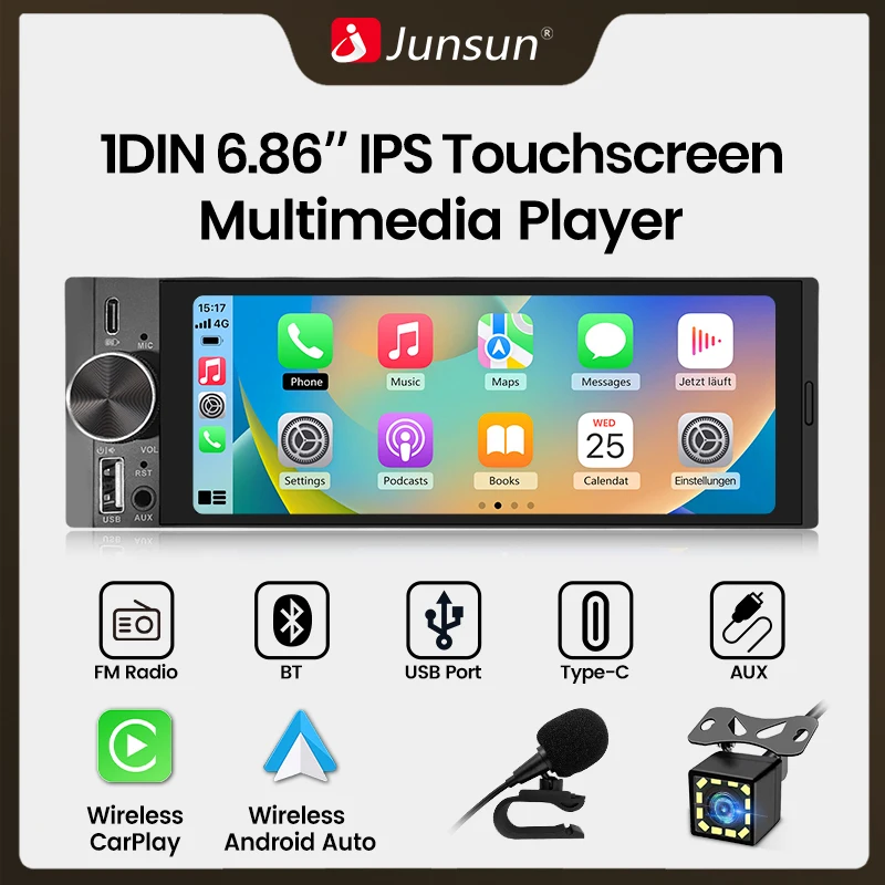 Junsun 1 Din MP5 Odtwarzacz Samochodowy Bezprzewodowy Carplay Android Auto Radio Stereo Nawigacja GPS Mirror…