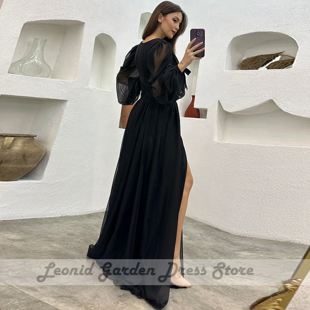 Black Chiffon Party Dresses High Side Split Illusion Puffy Full Sleeve Zipper Vestidos De Fiesta Elegantes Para Mujer 2023