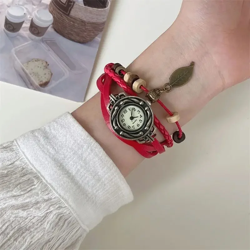 Разноцветные женские кожаные винтажные кварцевые часы-браслет, наручные часы, подарок в виде листа