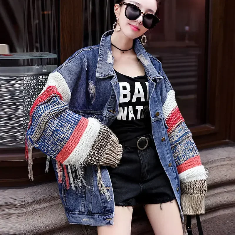 Outerwear Patchwork Spring Autumn Mix Color Fringe Denim Jacket for Women Blue Long Trench Woman Jean Coat 2024 Models Original