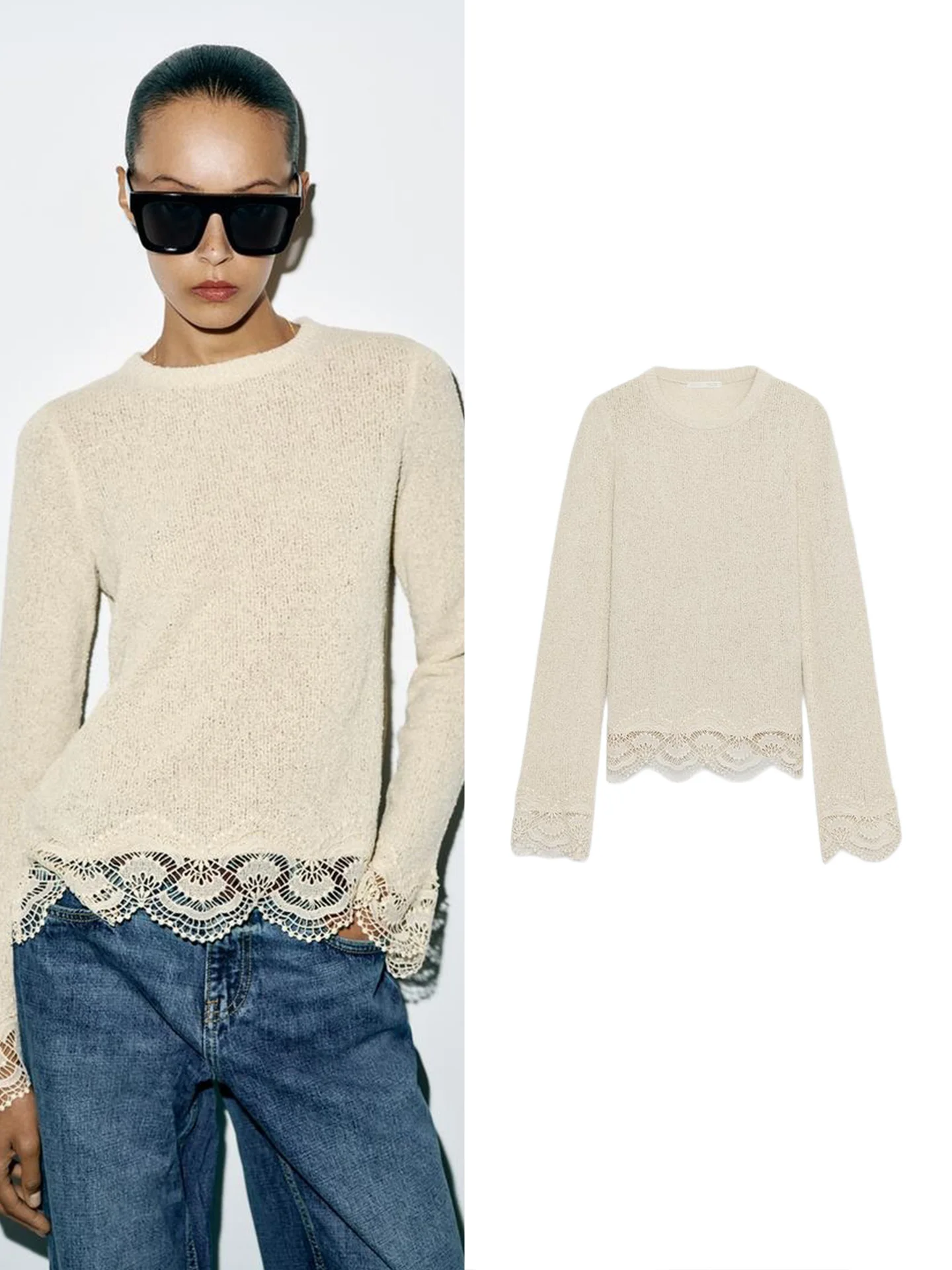 Autumn New Women's Long Sleeve round Neck Asymmetric Hem Lace Splicing  T-shirt Top Casual Style Standard Version Polyest...