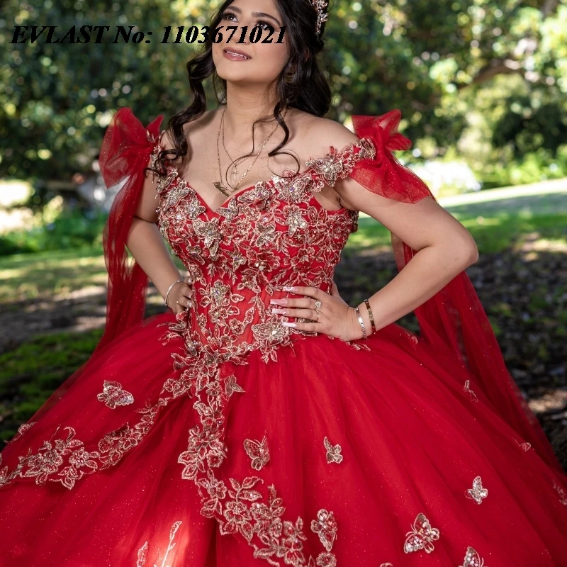 EVLAST Customized Red Quinnceanera Dress Ball Gown Shiny Lace Applique Beaded Corset Mexican Sweet 16 Vestidos De 15 Anos SQ554