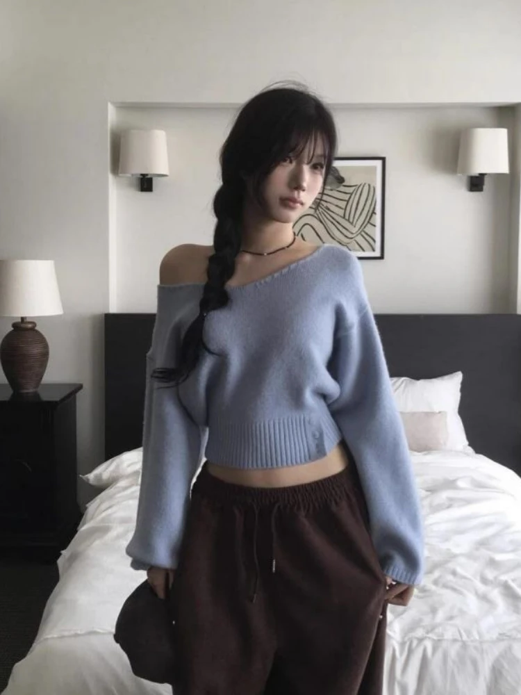 Y2k Aesthetic Irregular Skew Collar Sweaters Sexy Solid Grunge Harajuku Cropped Tops 2025 Autumn Fairy Loose Button Jumpers