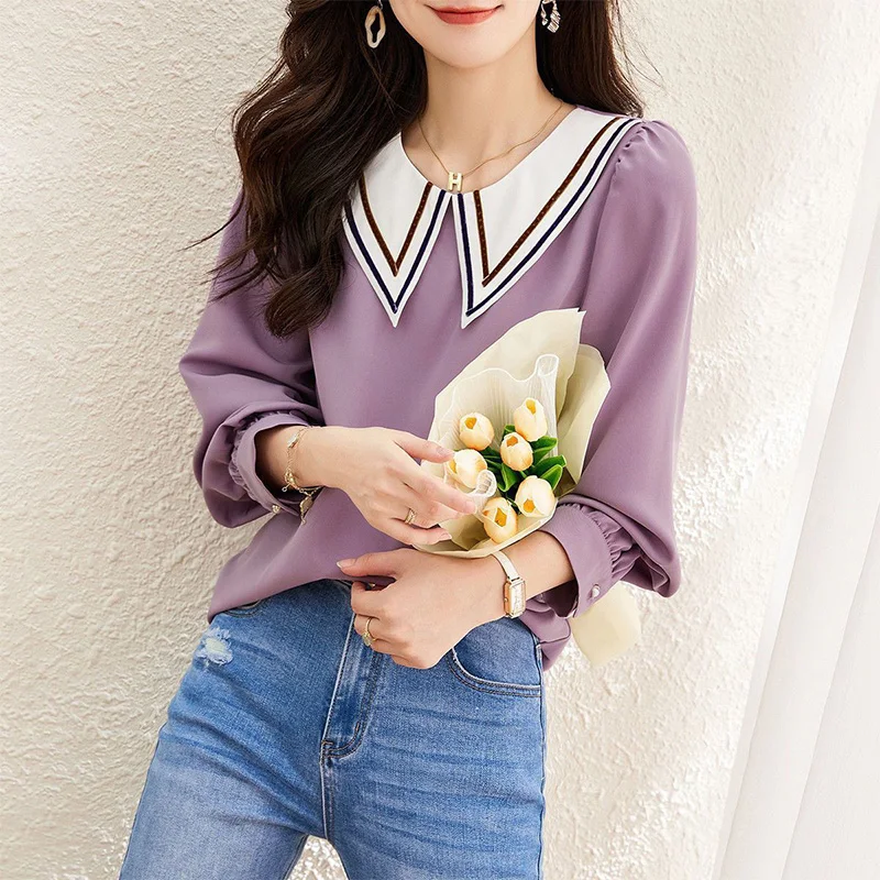 2023 nuova primavera autunno nuova versione coreana Pullover viola top elegante camicia a maniche lunghe con scollo a Polo bianco impiombato per le