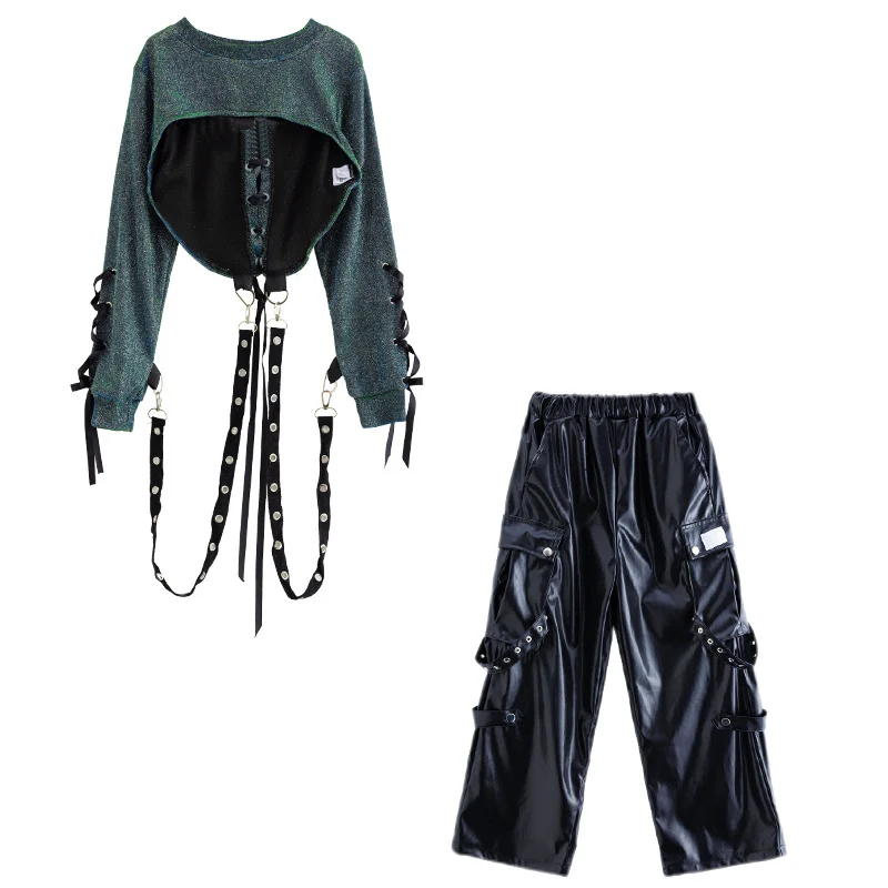 Hippe hiphop kleding voor meisjes, stijlvol streetdance kostuum, set met crop top en leren broek, kinder jazz outfit.
