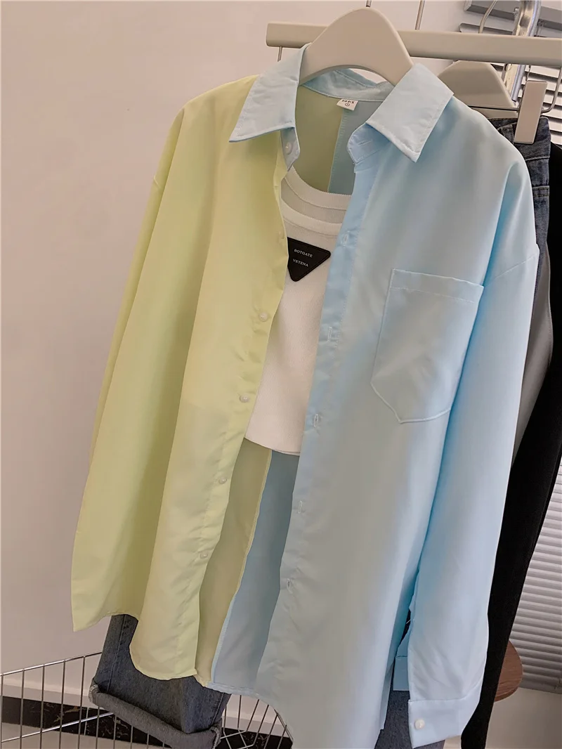 Two-tone Shirt Button Down Long Sleeve Collared Oversized Shirt Women Tops Spring Summer Teengirl Y2K Outfit