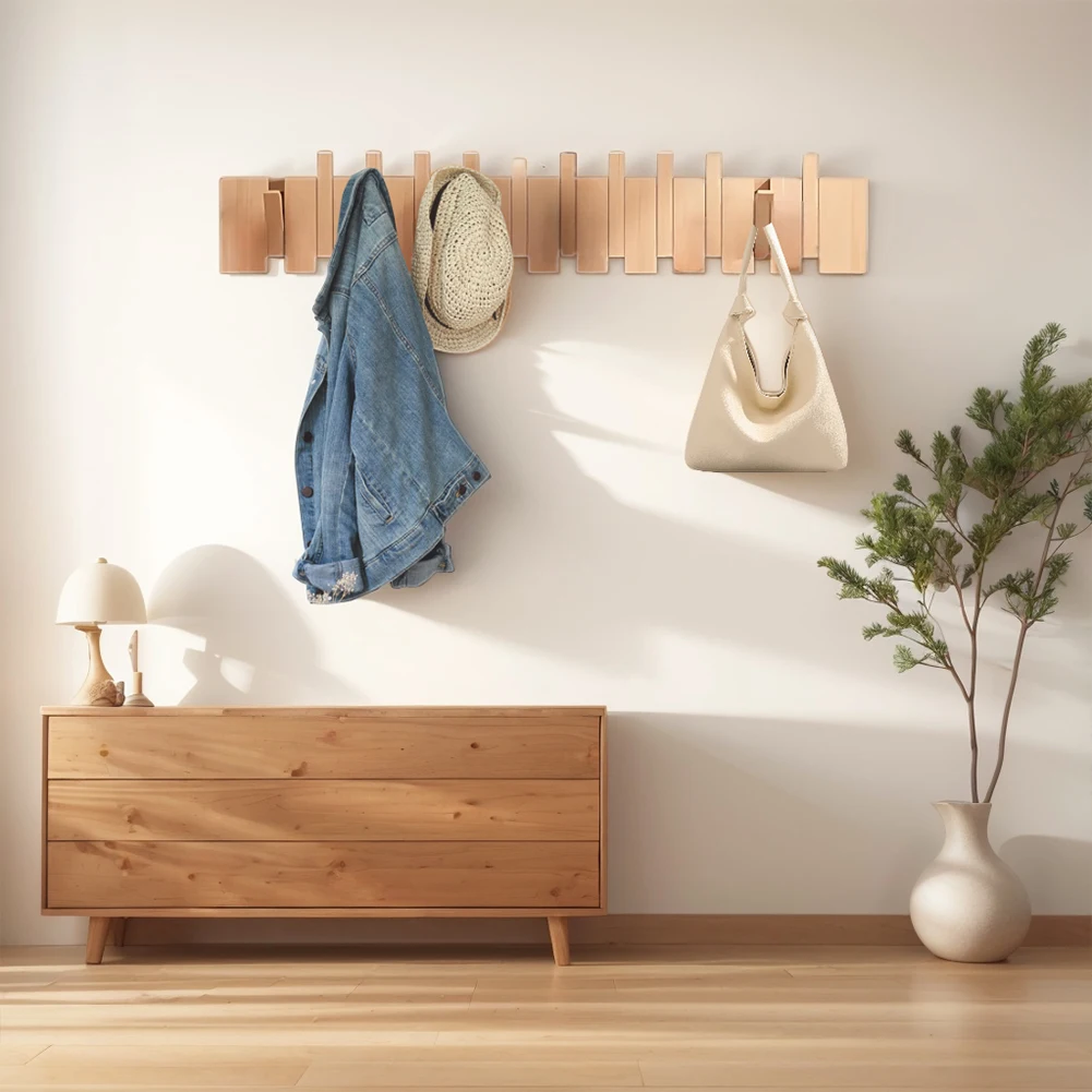 Piano Key Hangers with 12 Coat Rack Walnut Hooks Wall Mounted Natural Solid Wood Hangers No Punching Required Wall Hooks