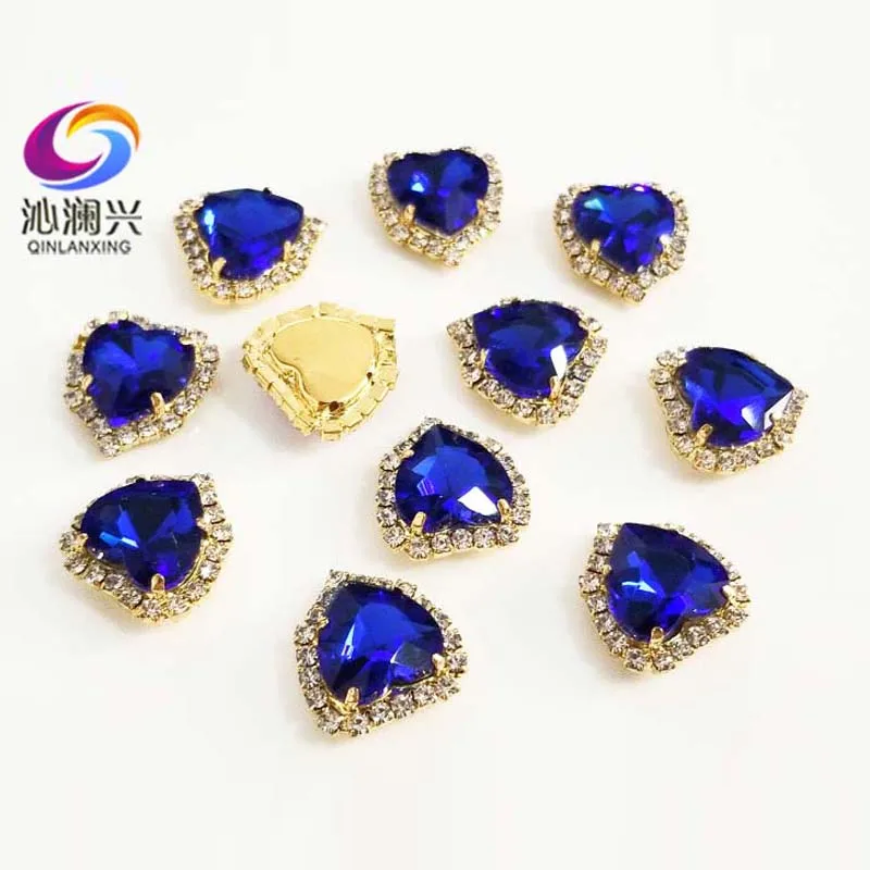 Heart Shape Royalblue Color Crystal Glass Rhinestones, Gold Bottom Sew on Buckle, Used for Needlework, DIY/Sewing Accessories