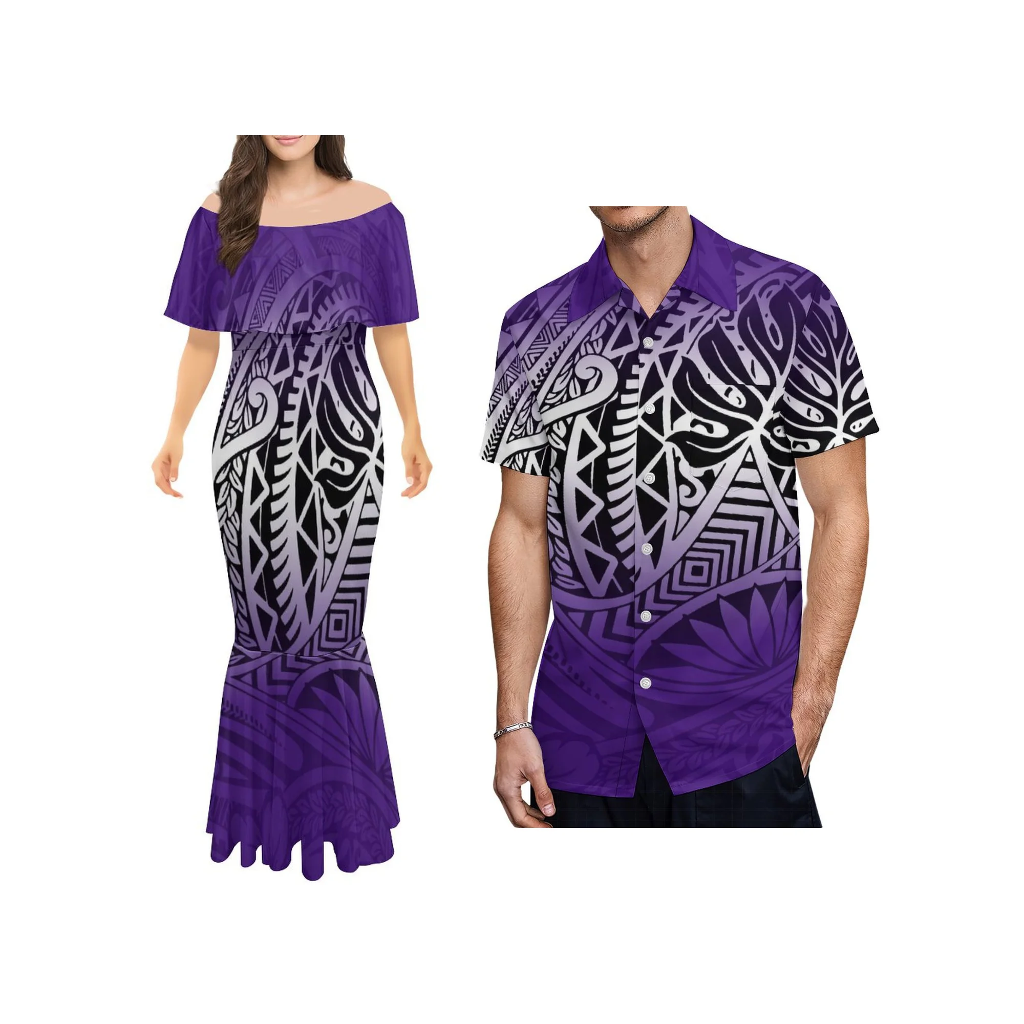 Manufacturer Custom Polynesian Tribal Printed Off Shoulder Mermaid Fishtail Dress Maxi Long Dress Shawl Evening Dress